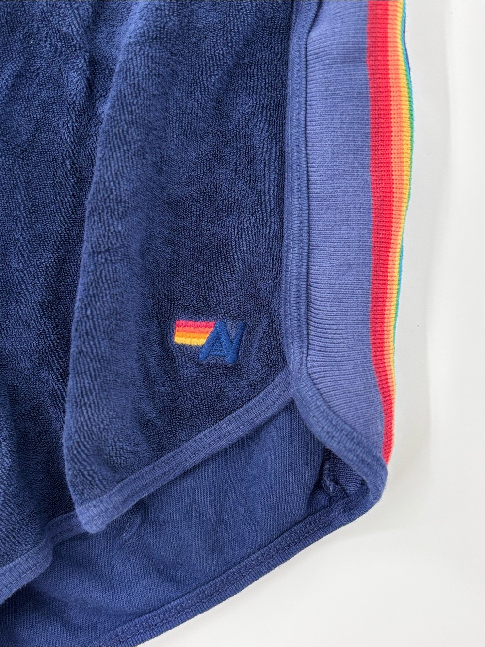 Aviator Nation Navy Terry Shorts with Rainbow Side Stripes - Picture 3 of 9